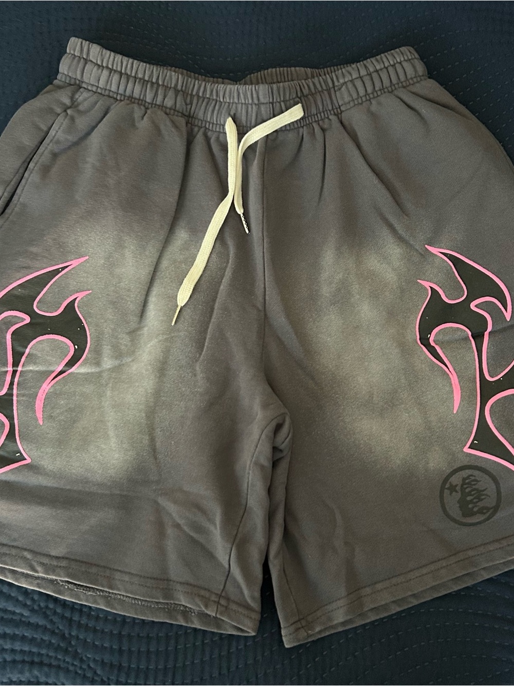 Men's Hellstar Grey Athletic Shorts with Pink Flame Graphics